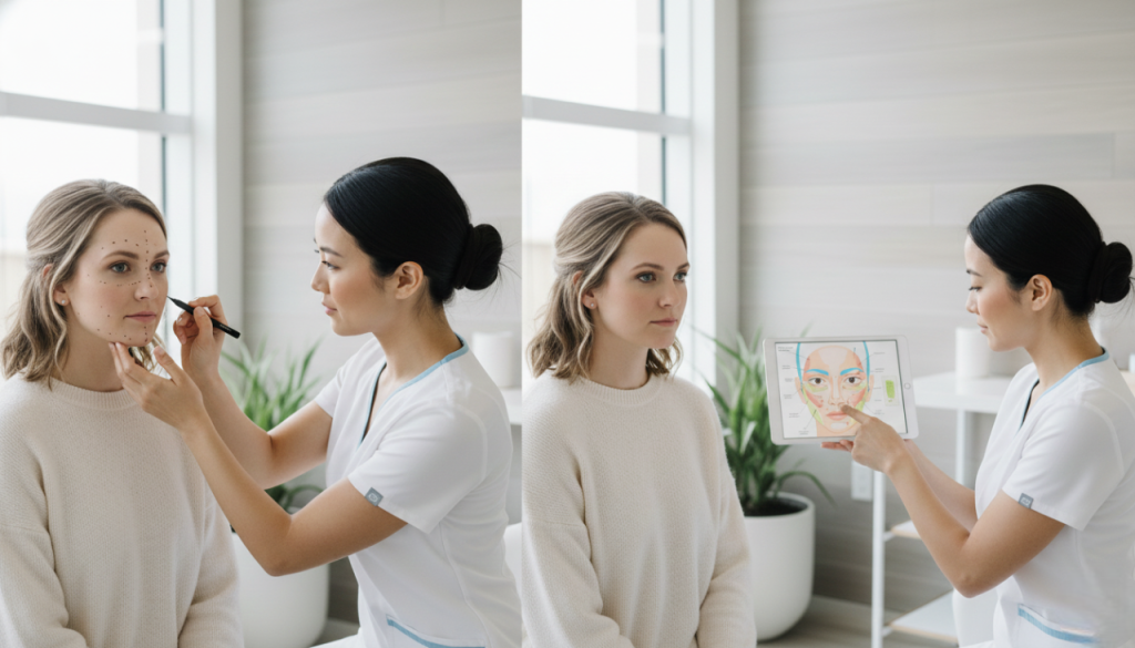 Facial mapping during dermal filler correction assessment in a La Jolla med spa