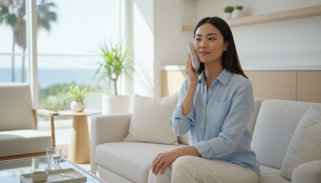 Patient using a cold compress after dermal filler treatment in La Jolla, San Diego CA.
