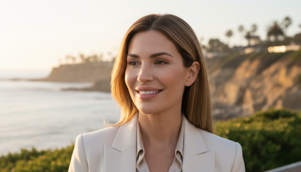 Subtle lip flip result on a natural smile for a La Jolla professional seeking a softer upper lip reveal.