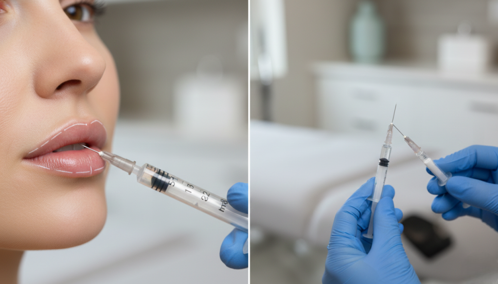 Lip filler vs lip flip comparison showing lip mapping for filler and precise upper lip injections for a lip flip.