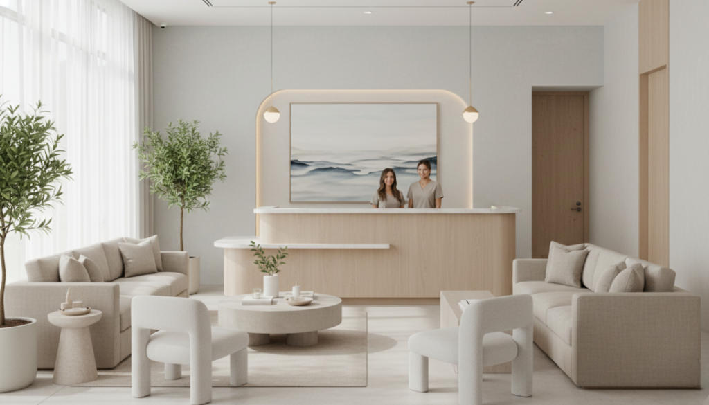 Modern med spa reception area in La Jolla San Diego with a calm, welcoming aesthetic