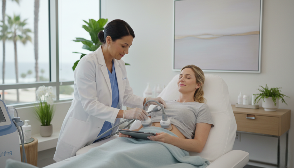 Patient receiving abdominal CoolSculpting sessions in la jolla CA med spa treatment room.