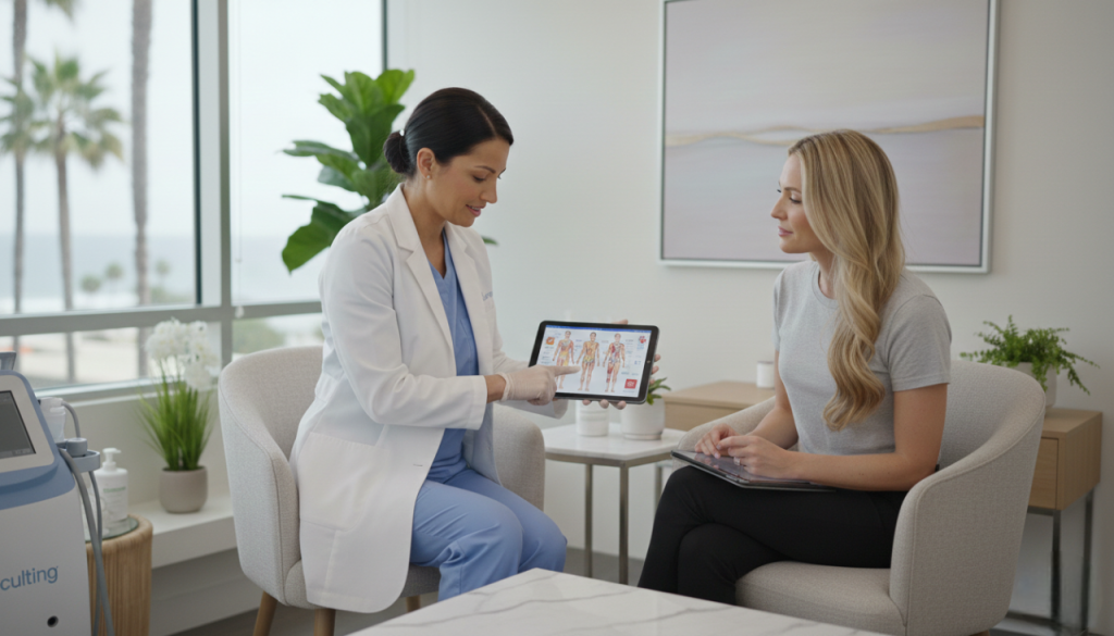 Provider discussing CoolSculpting sessions treatment plan in la jolla CA med spa.