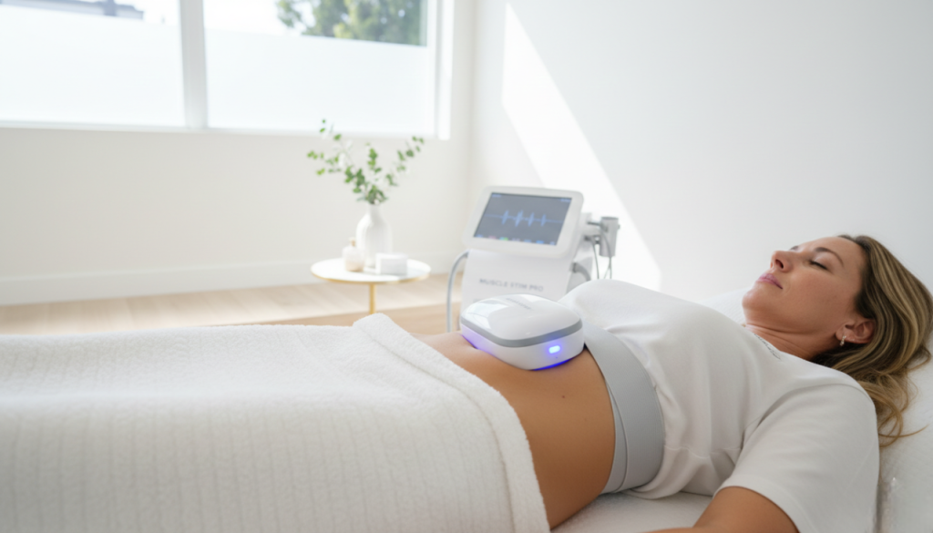 Patient receiving la jolla CA Emsculpt abs treatment in upscale San Diego med spa