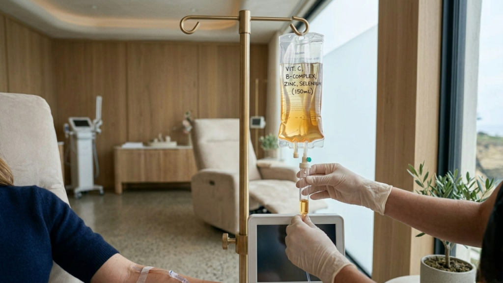 Close-up of IV vitamin therapy drip used in La Jolla CA wellness treatments