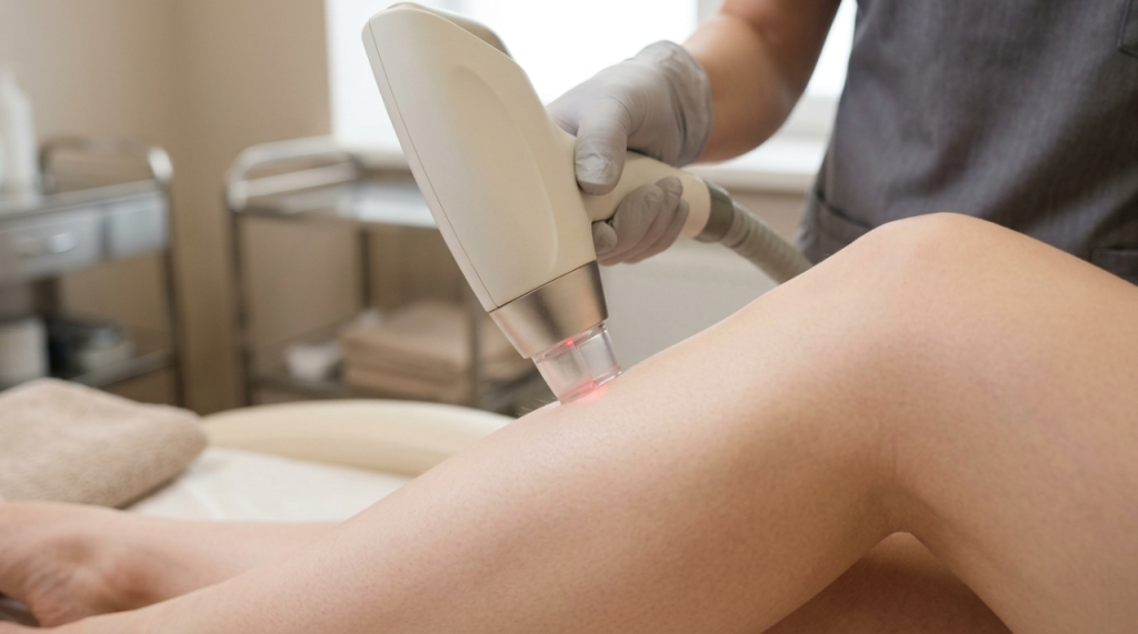 Close-up of laser hair removal device targeting hair follicles safely