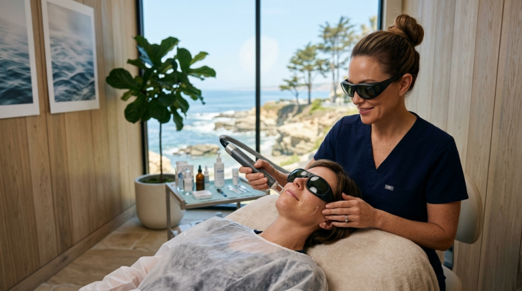 Laser treatment session at med spa in La Jolla CA for skin rejuvenation