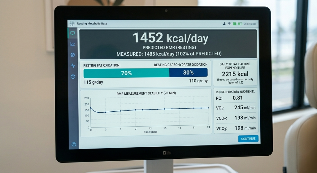Digital metabolic analysis results showing calorie expenditure and energy usage breakdown