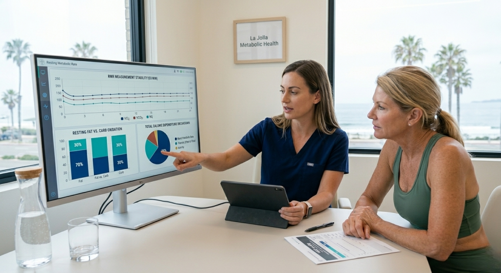 Specialist reviewing metabolic testing results with client in La Jolla CA to create personalized wellness plan