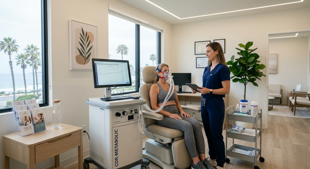 Metabolic testing session in La Jolla CA showing patient using breathing analysis equipment for personalized weight loss insights