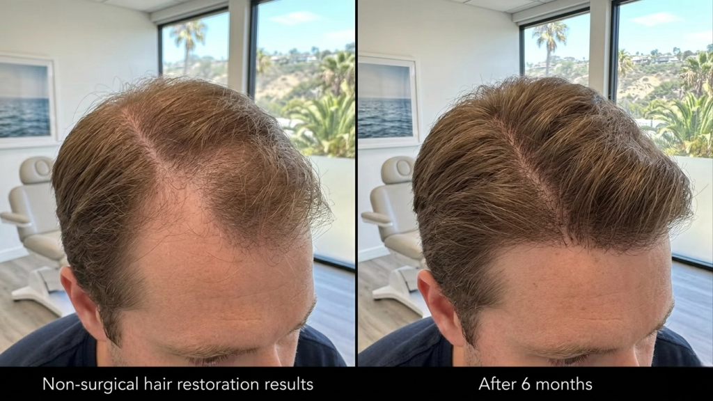 Non-surgical hair restoration results showing thicker hair growth in La Jolla CA clinic