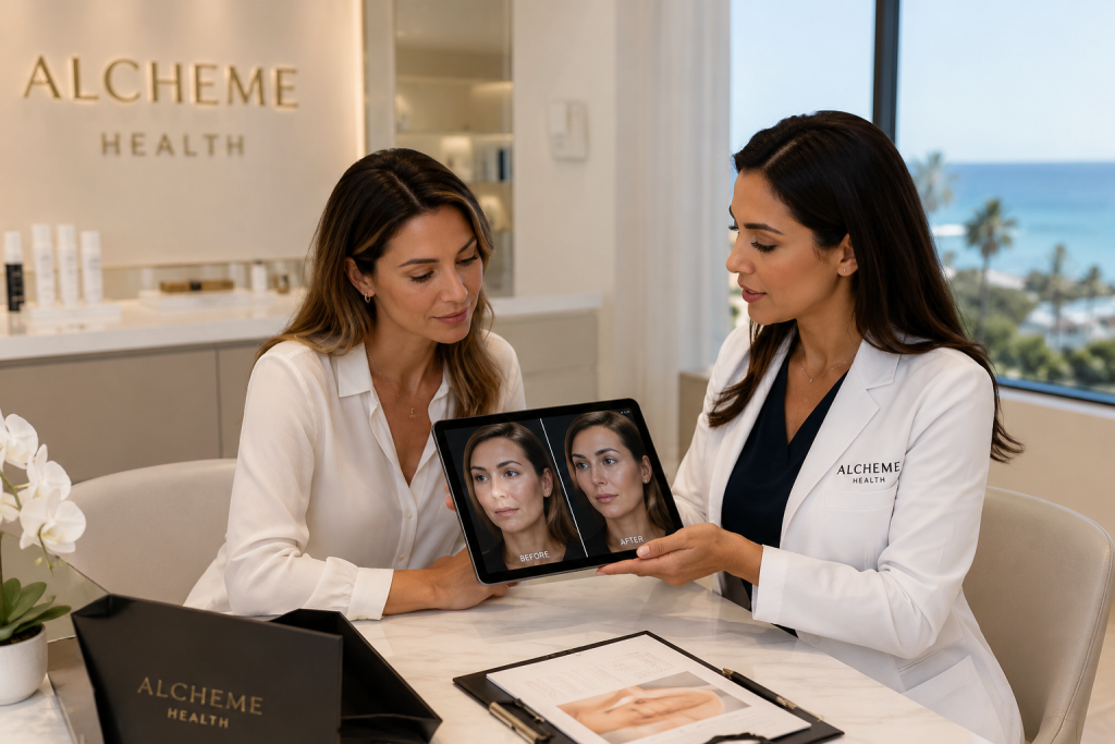 Patient reviewing natural dermal filler results during a consultation in La Jolla CA