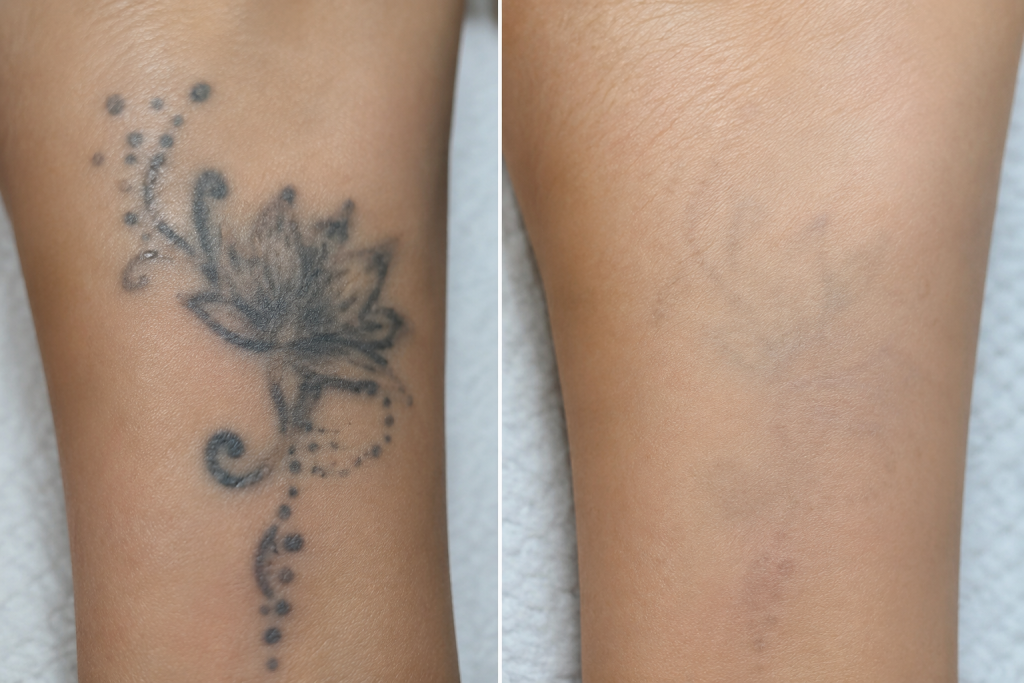 Visible fading progress from laser tattoo removal treatments in la jolla CA med spa clinic.