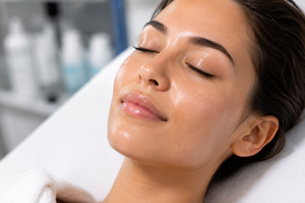 Close-up of glowing hydrated skin after a HydraFacial treatment in La Jolla CA.
