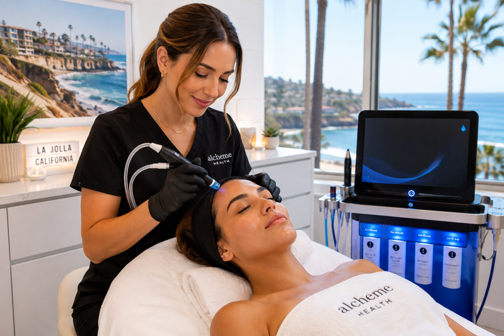 Patient receiving a professional HydraFacial treatment at a luxury med spa in La Jolla CA.