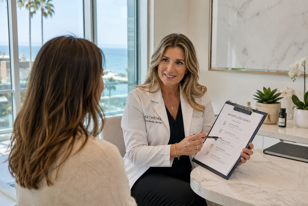 Patient discussing personalized weight management goals with a wellness specialist in La Jolla CA.
