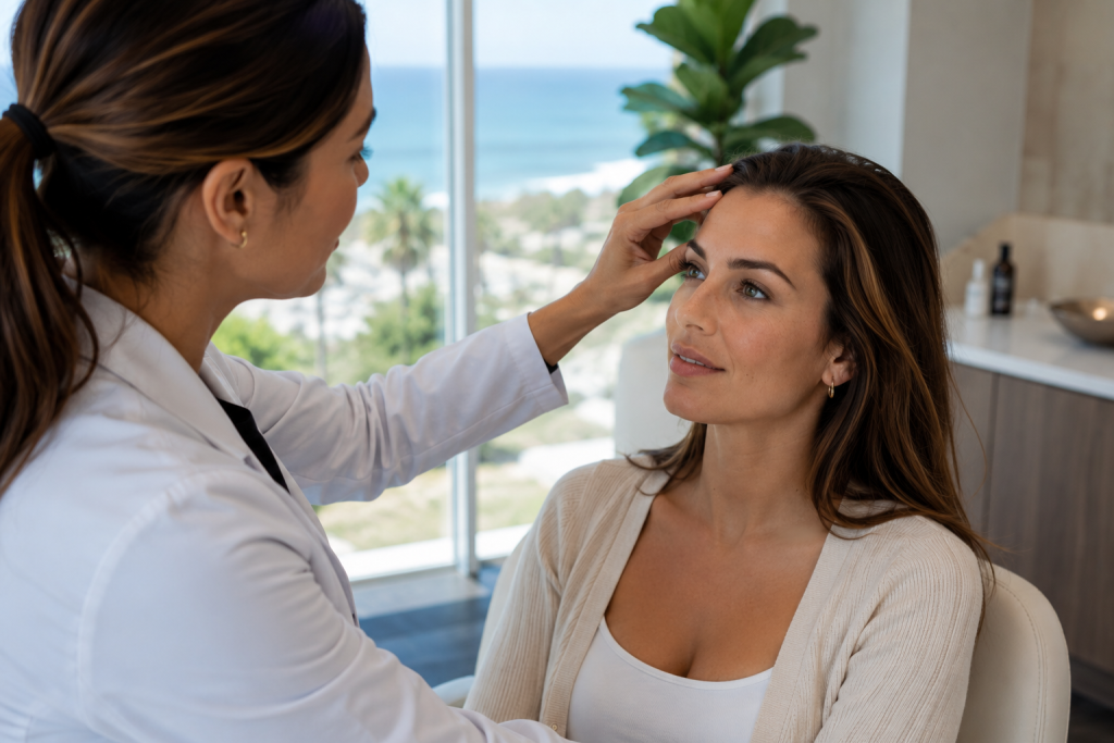 Patient discussing natural-looking injectable options during a personalized aesthetic consultation in La Jolla CA.