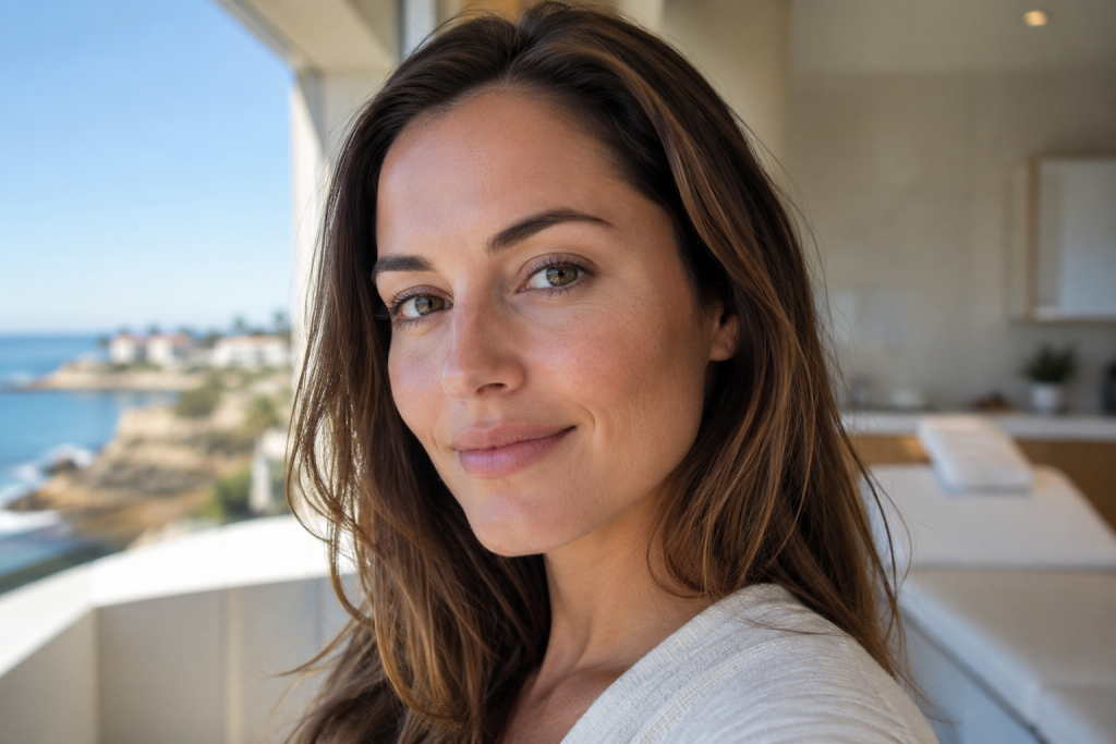 Woman with smoother-looking skin after professional acne scar treatment in La Jolla CA