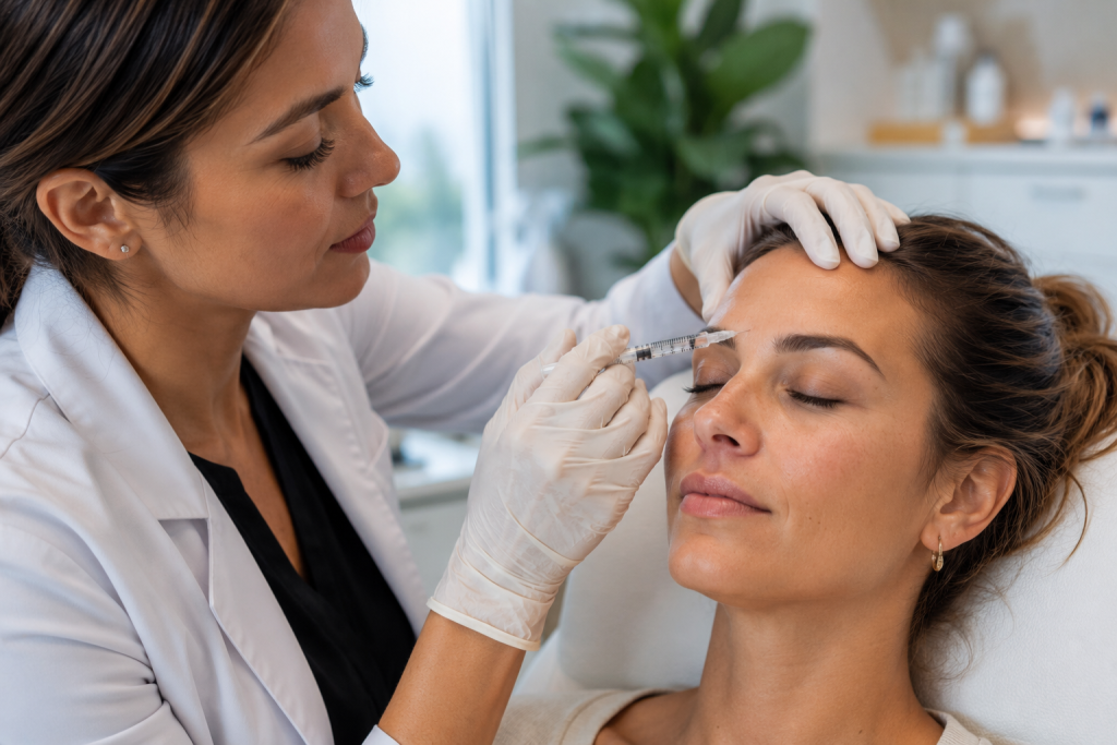 Aesthetic professional performing a subtle facial injectable treatment for a patient at a modern med spa in La Jolla CA.