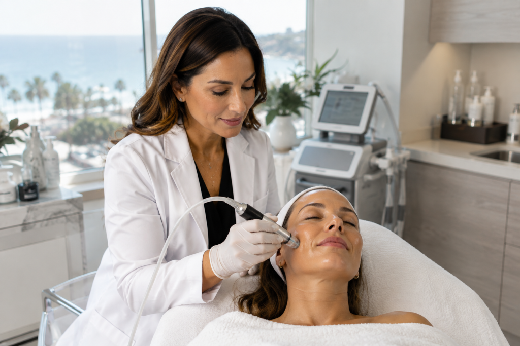 Woman receiving an advanced facial skin treatment at a medical spa in La Jolla
