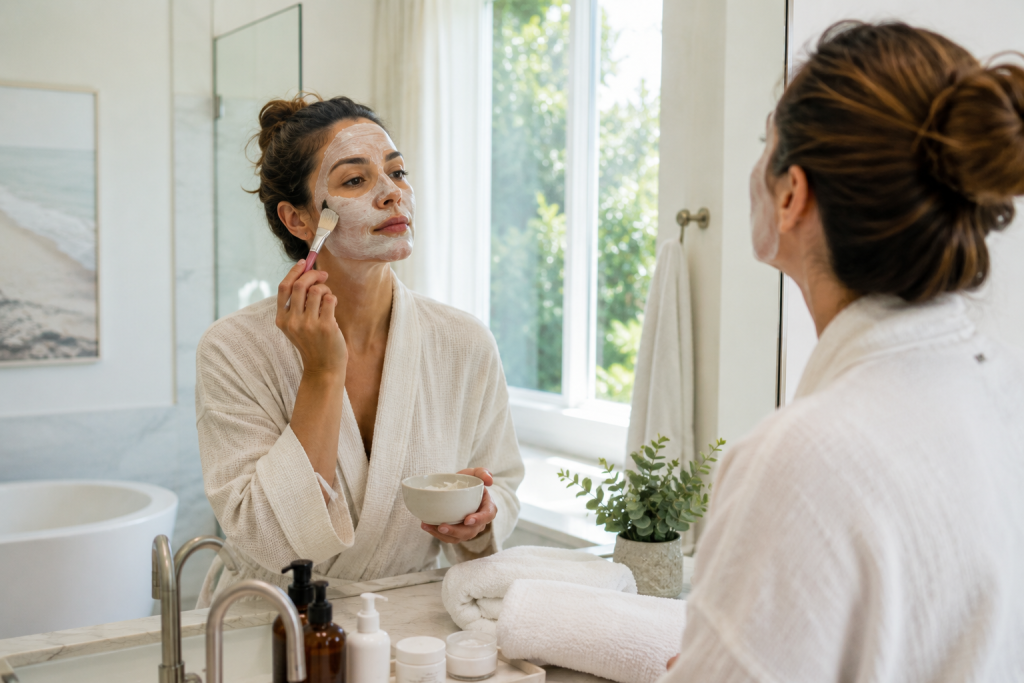 Woman applying a hydrating facial mask at home as part of her skincare routine