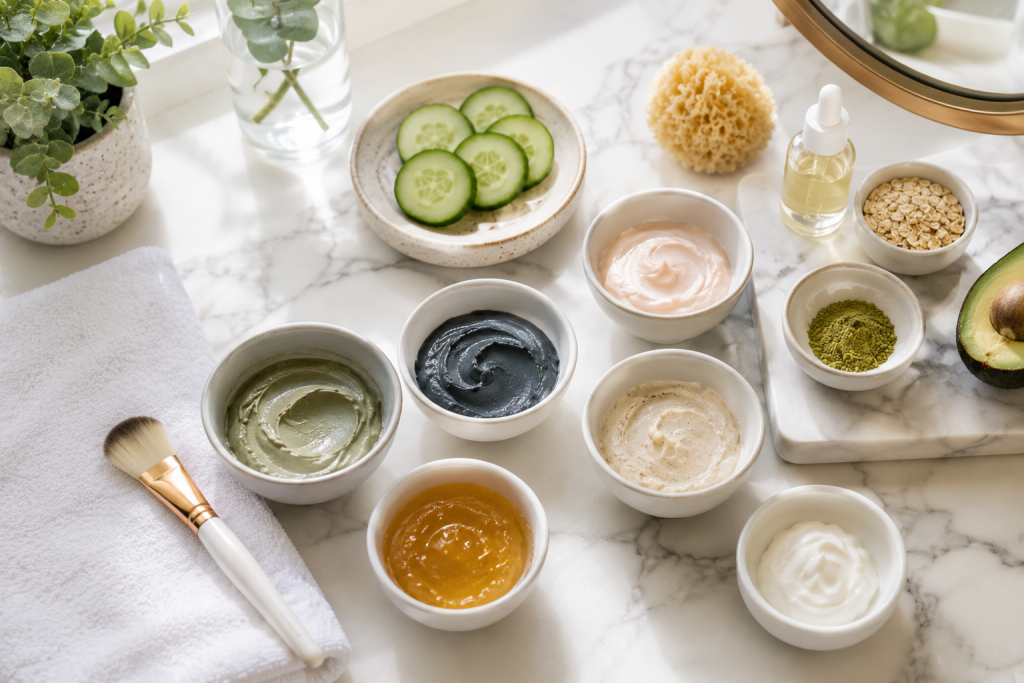 Facial mask ingredients and skincare products arranged for an at-home beauty routine