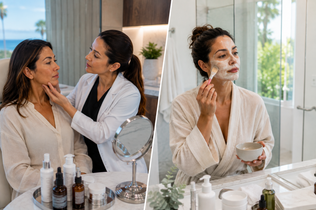Professional facial vs home mask comparison showing medical spa and at-home skincare