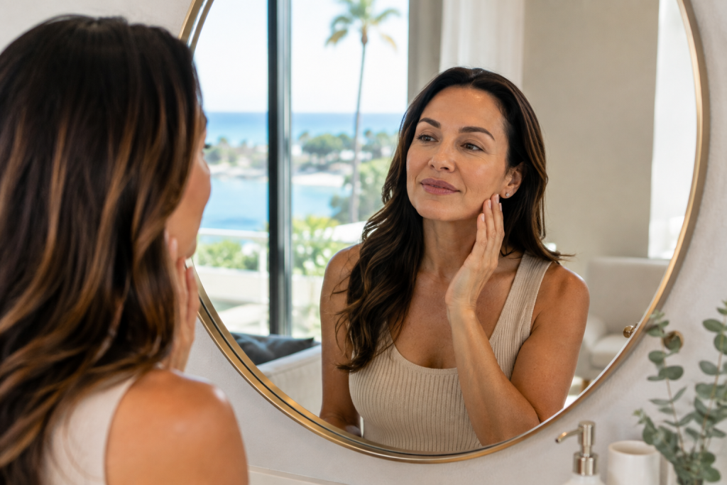 Woman looking in a mirror at refreshed natural-looking skin after a personalized skincare and Botox plan