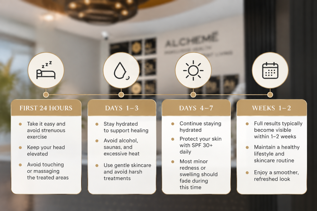Botox aftercare timeline showing hours-to-weeks recovery milestones