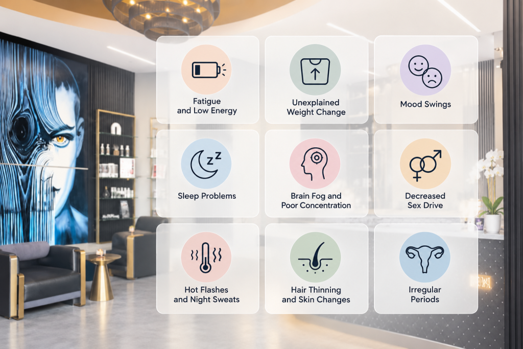 Infographic of common hormone imbalance symptoms in women and men