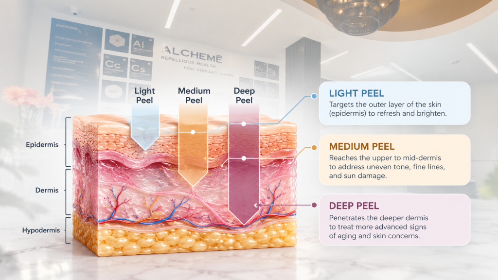 Infographic showing how chemical peel depth affects the skin